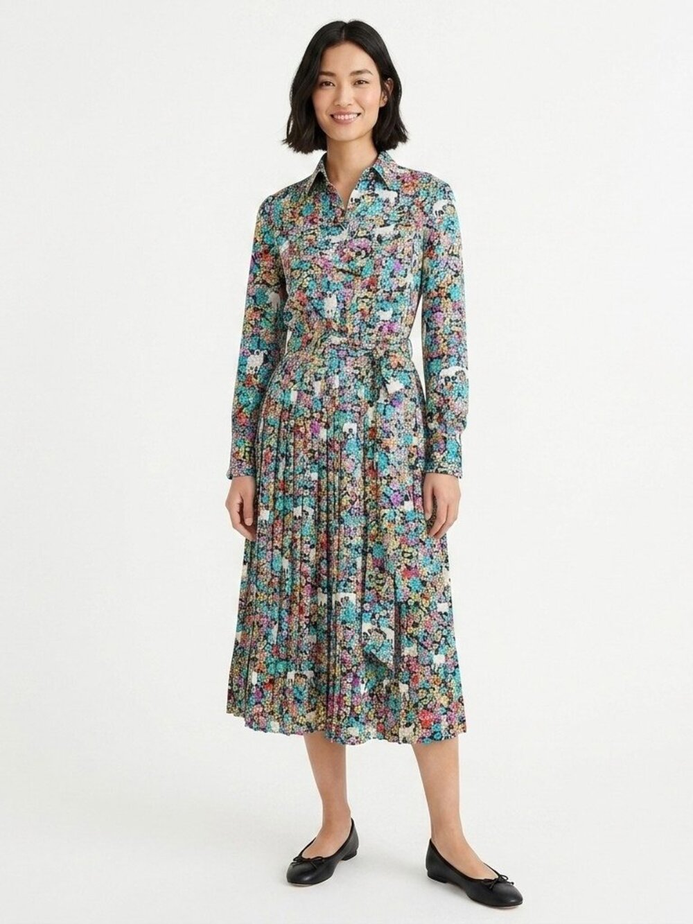 NWT J.Crew Pleated Midi in Navy True Teal Grazing Goats Shirt Dress 12